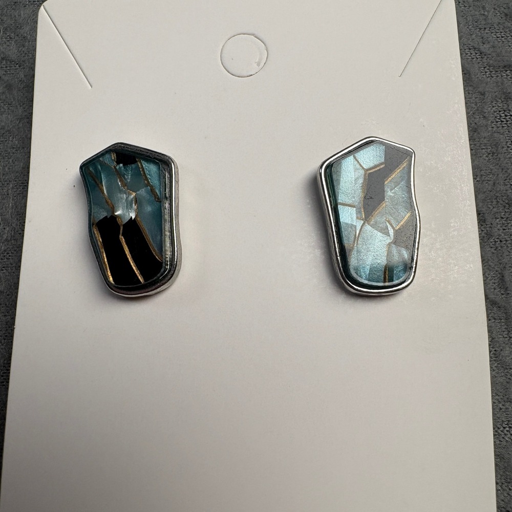 Teal Black Gold Kintsugi Style Mosaic Stud Earrings Silver Tone Geometric Post - Picture 5 of 7